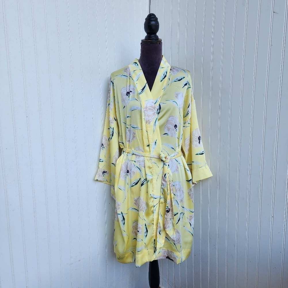 Ann Taylor Sleep Women's Yellow Floral Satin Floral Kimono Robe Sz L